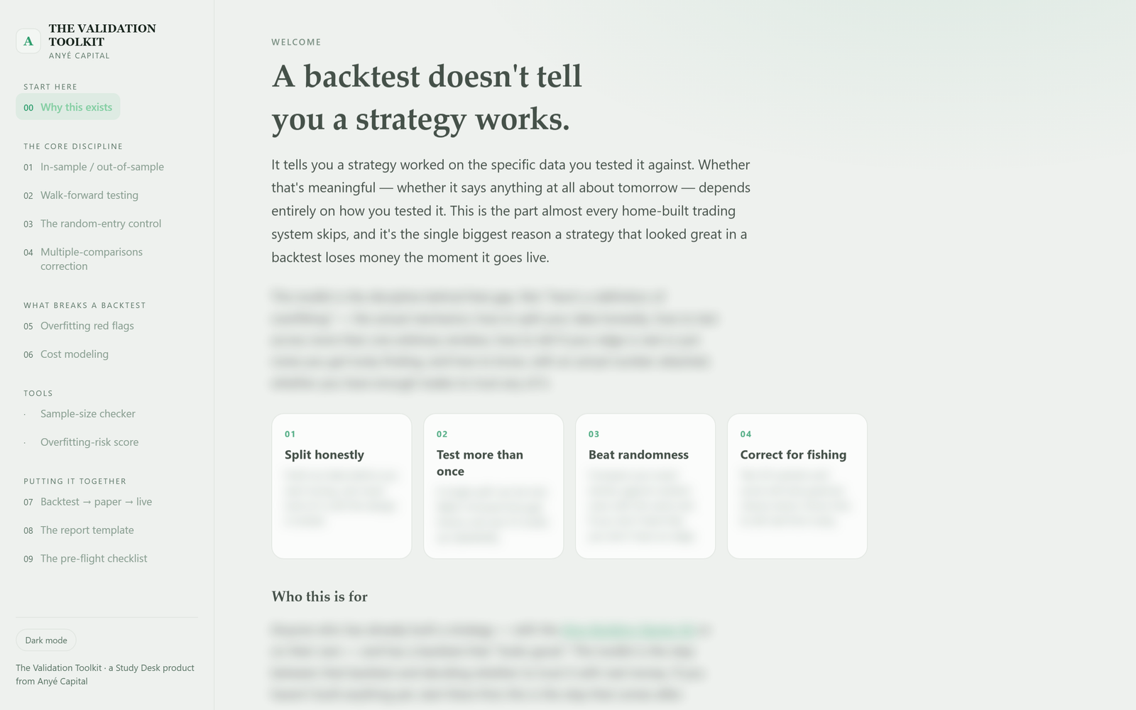 Inside The Validation Toolkit — the opening module with the full module rail
